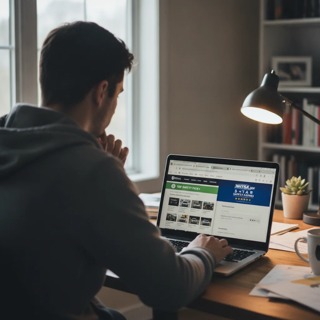 Person at a laptop comparing NHTSA and IIHS vehicle safety rating websites side by side in a browser