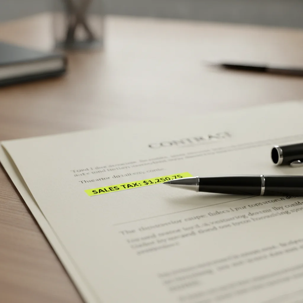 Close-up of a car sales contract with a highlighted sales tax line item visible on the document