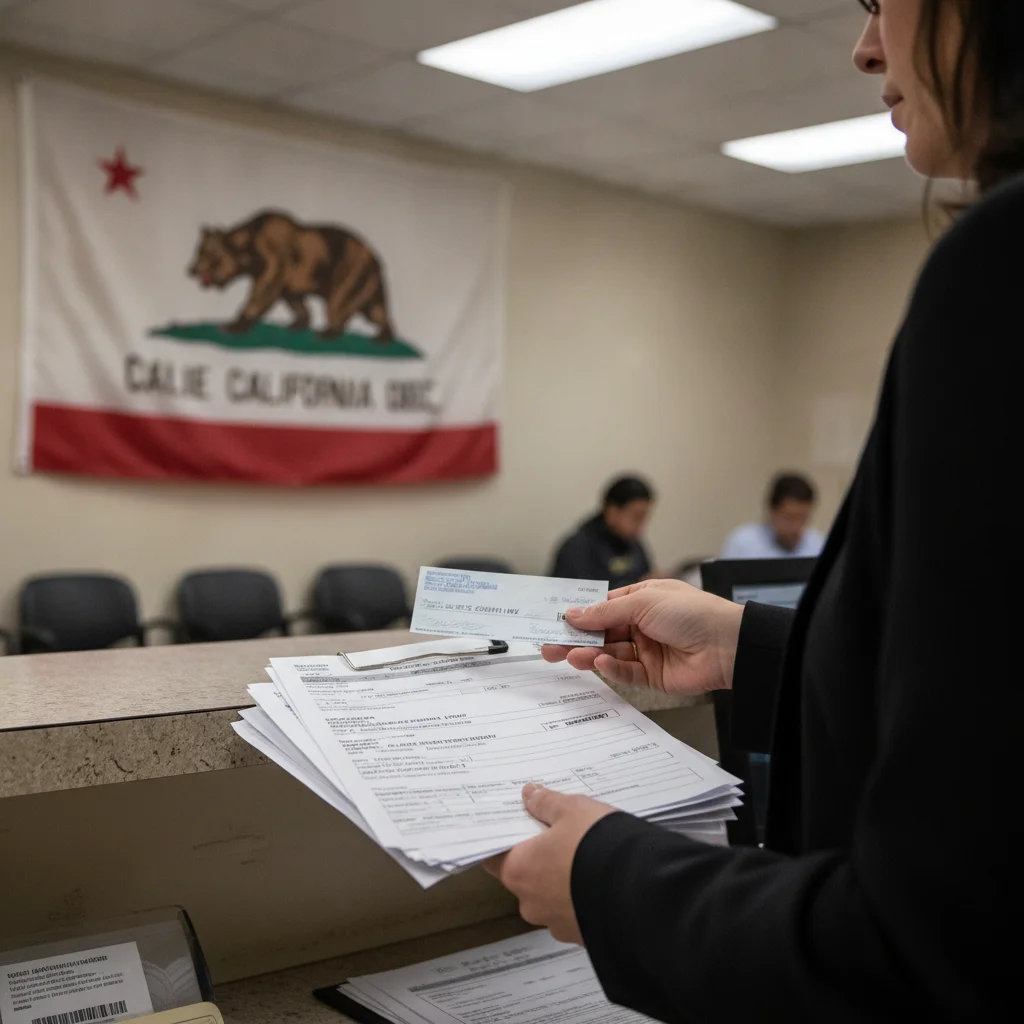 Person at a DMV counter submitting vehicle registration paperwork and payment for use tax