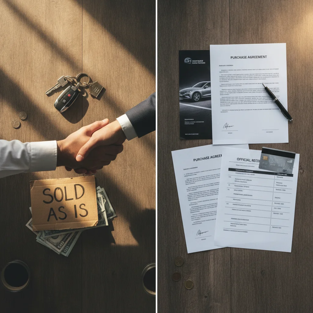 Split image showing private-party car key exchange on one side and official dealer paperwork on the other