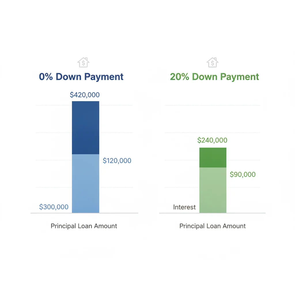 Two bar charts comparing total loan interest paid with zero percent down versus twenty percent down