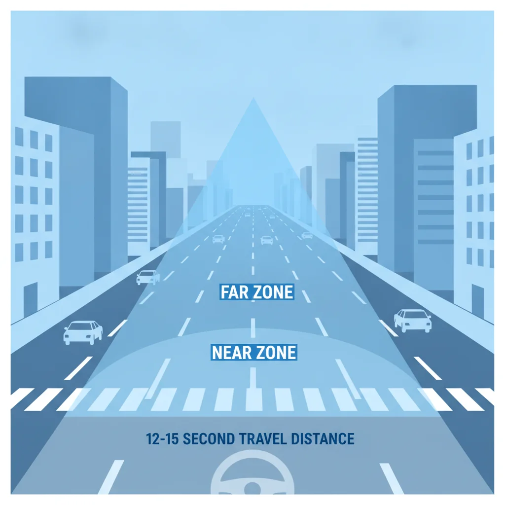 Diagram showing a driver's field of view divided into near and far scanning zones on a city street