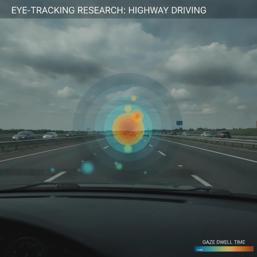 Eye-tracking heatmap showing expert driver gaze concentrated on the far road horizon rather than near field