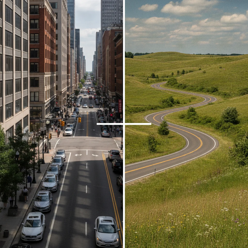 Side-by-side comparison of urban street driving environment and open rural highway driving environment