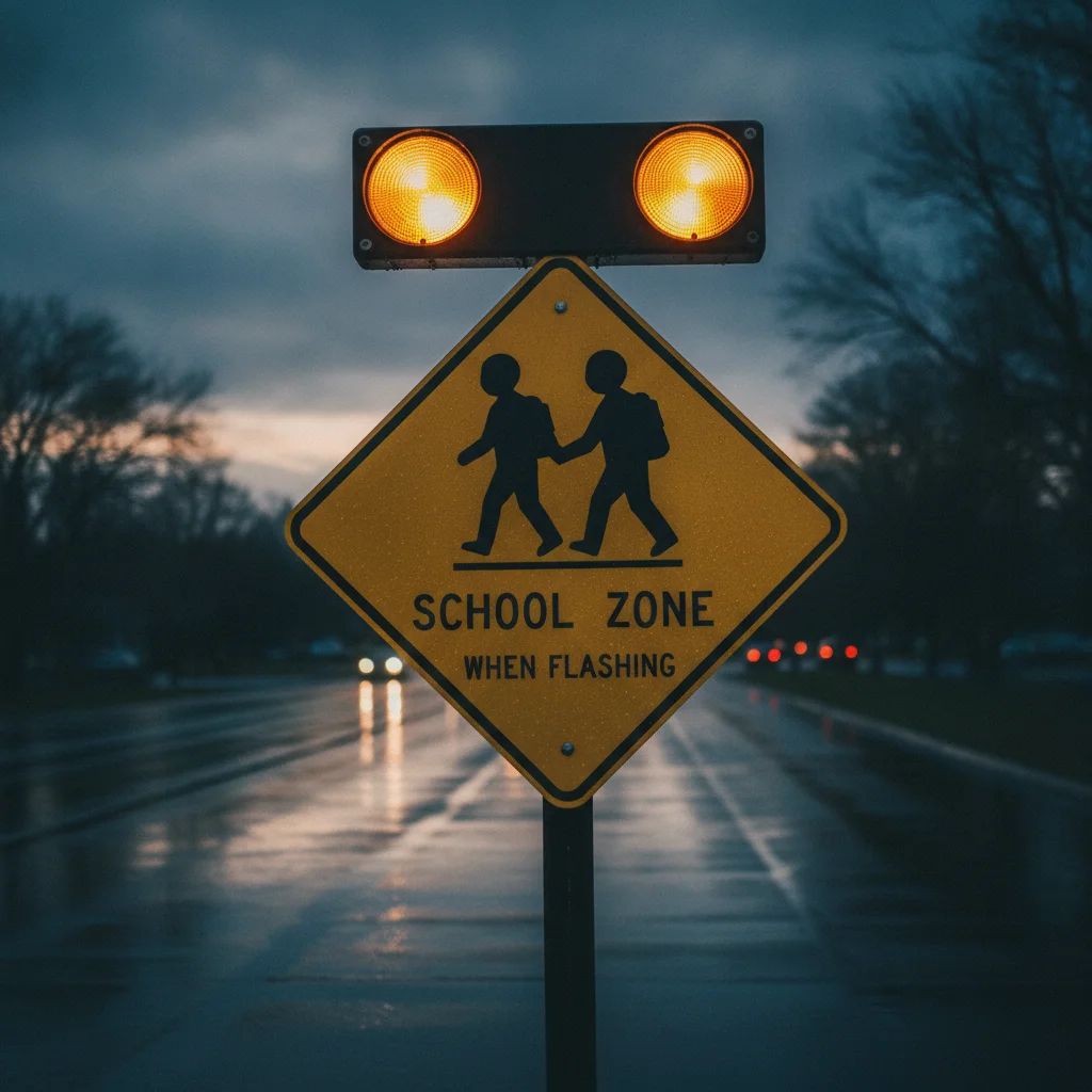 School zone warning sign with flashing amber beacons on a wet road at dusk