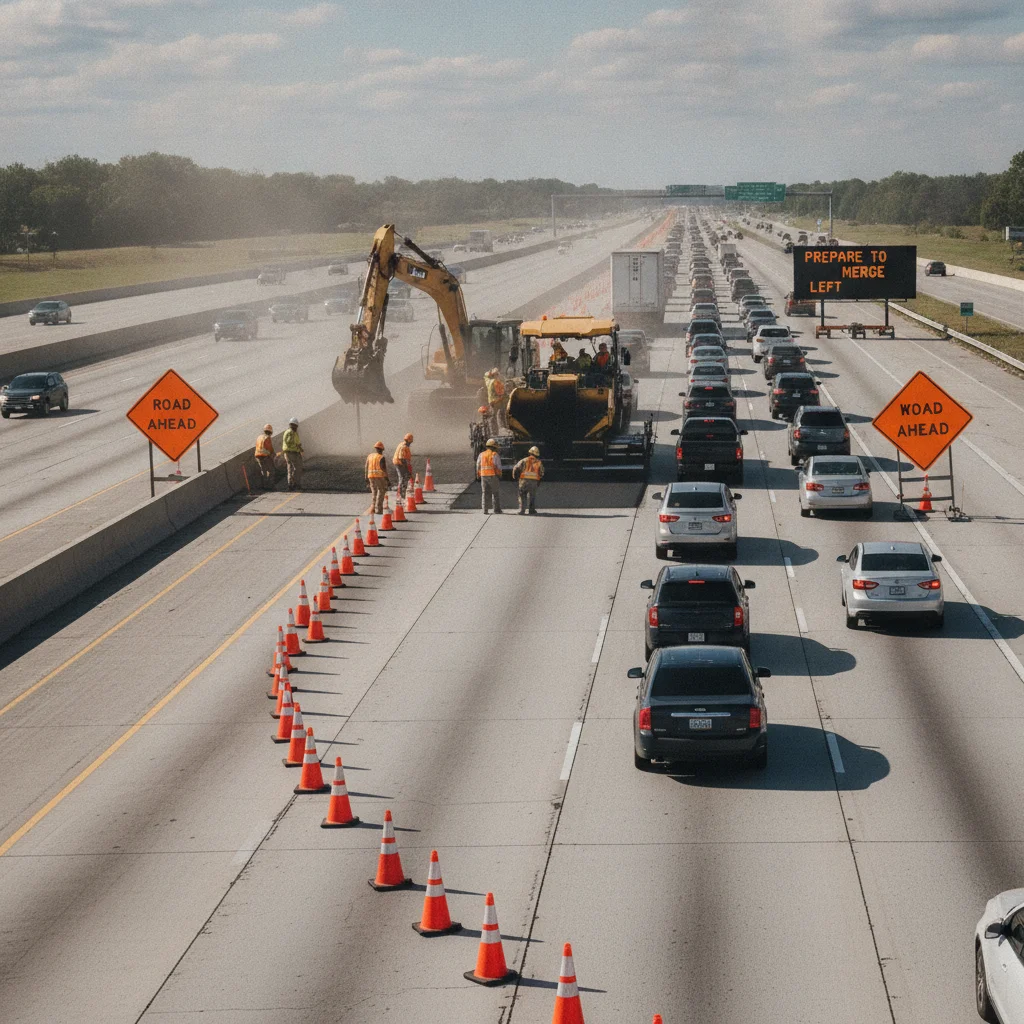 Highway work zone with orange cones and workers in high-visibility vests near active traffic lanes