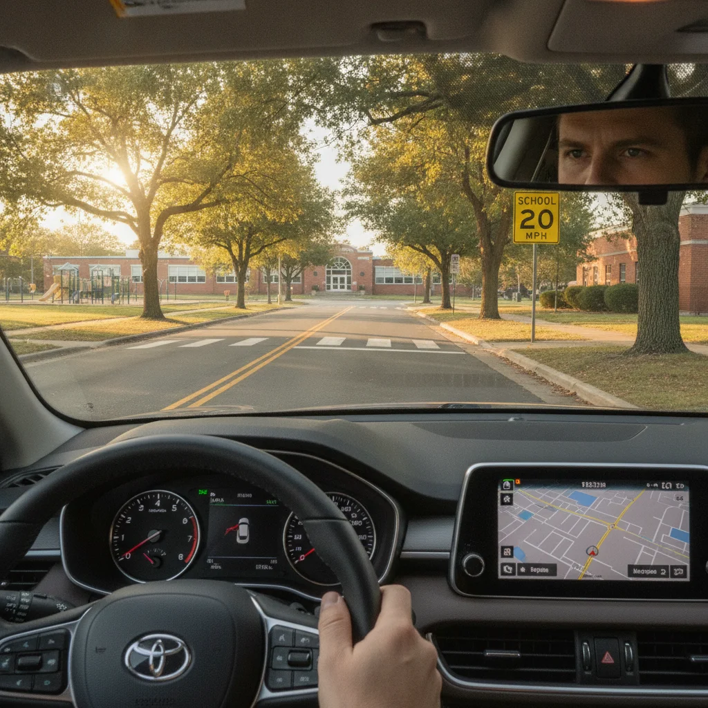 Driver's view of a 20 mph school zone speed limit sign approaching on a quiet tree-lined suburban street