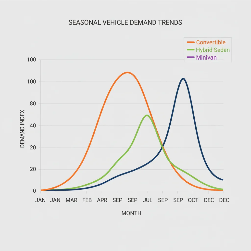 Seasonal demand curve chart showing peak and trough months for convertibles, trucks, hybrids, and minivans