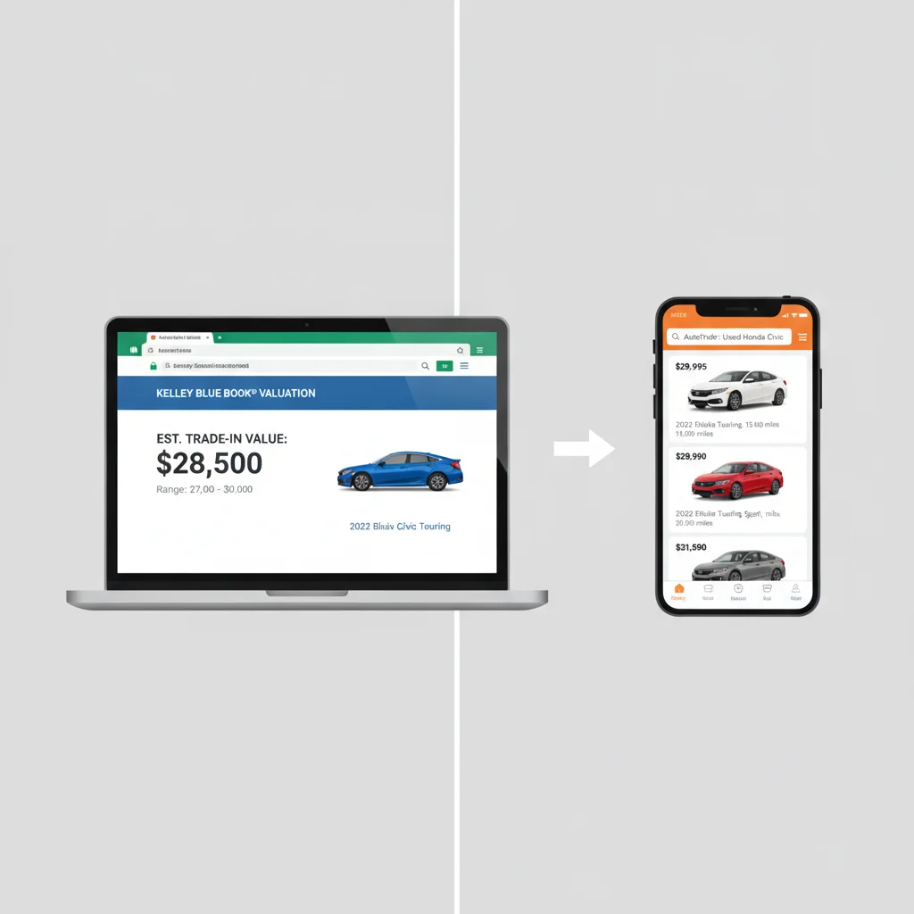 Side-by-side comparison of KBB valuation tool estimate on laptop versus live AutoTrader listings on smartphone