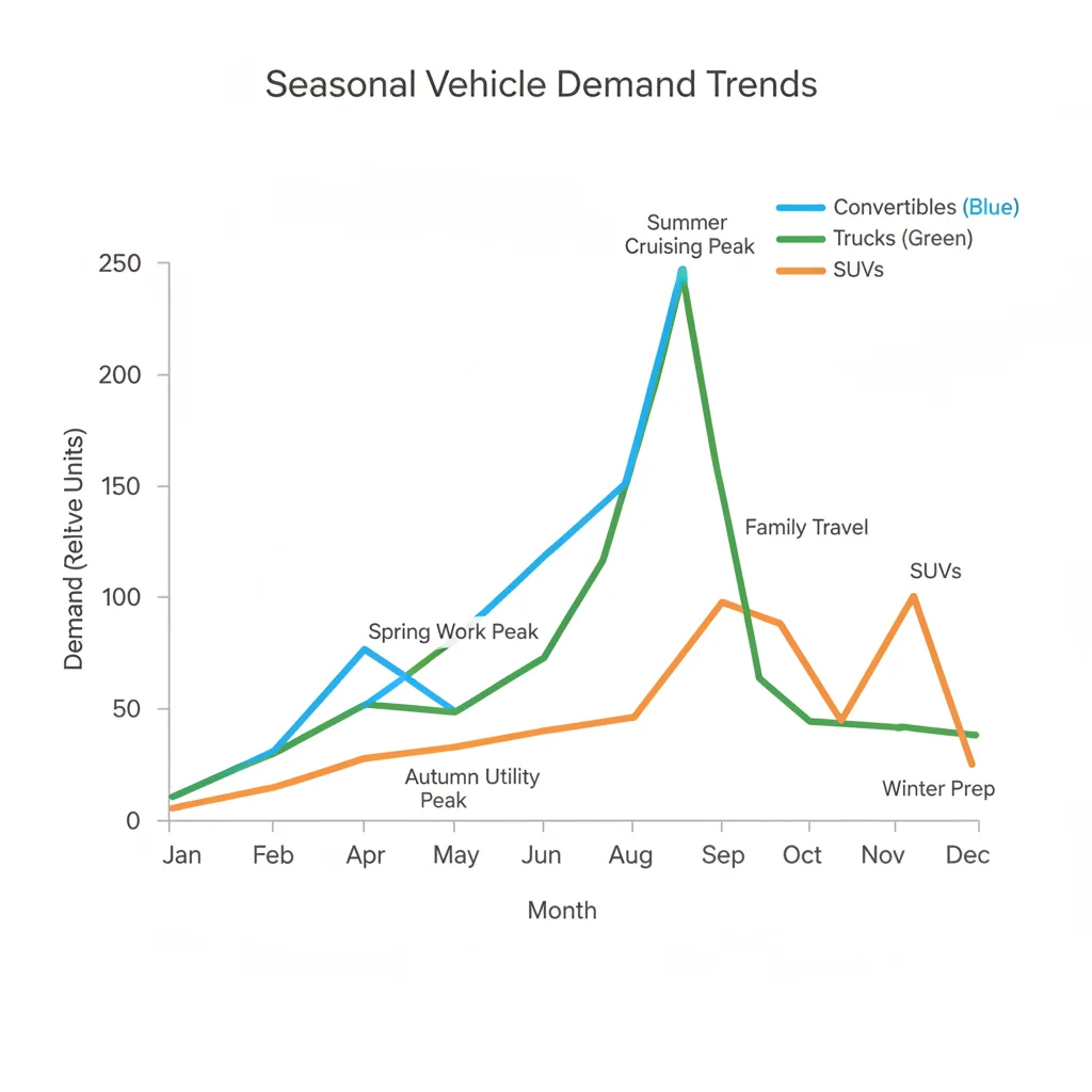 Chart showing seasonal demand peaks for convertibles, trucks, and SUVs across the calendar year
