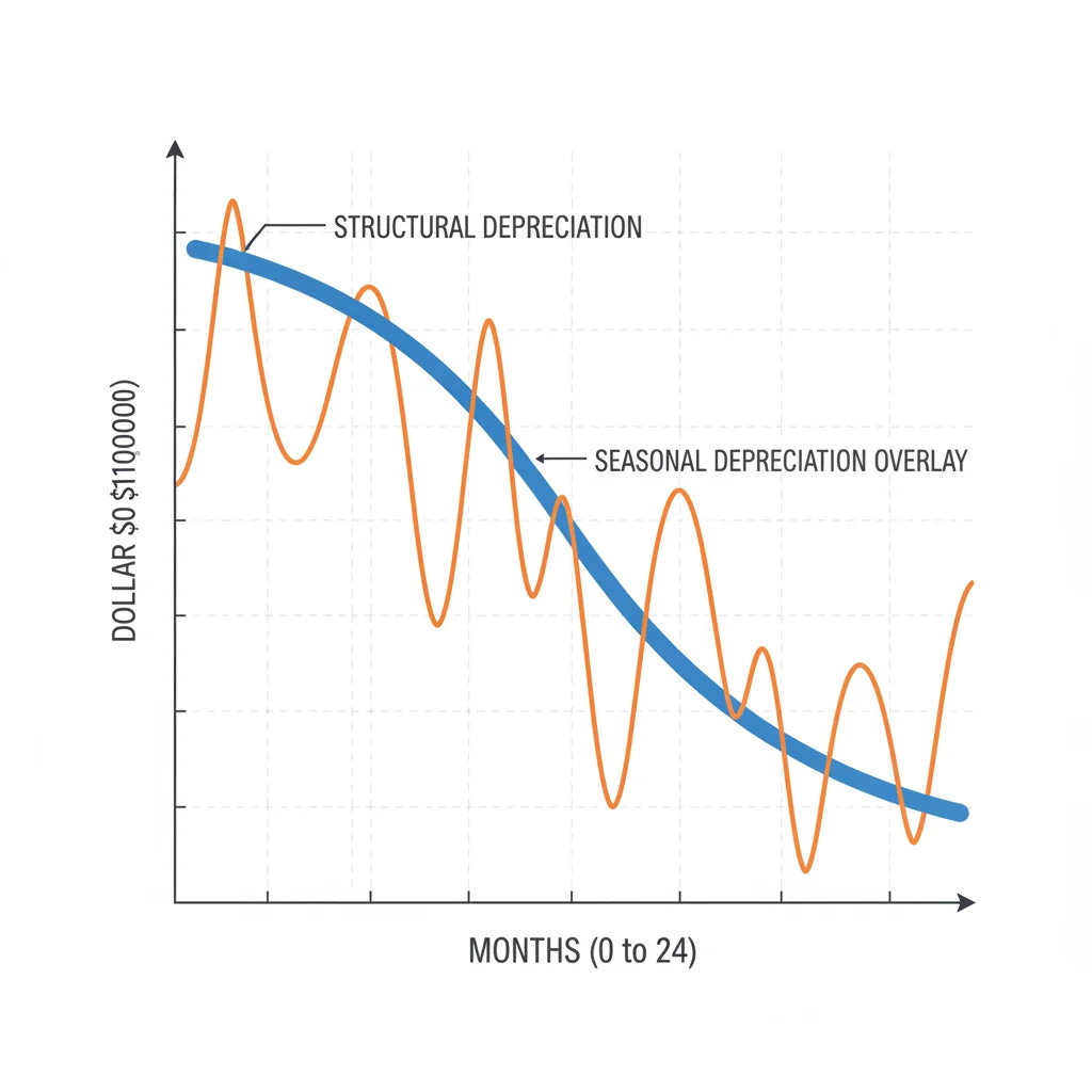 Graph showing structural depreciation curve overlaid with seasonal demand fluctuations across 24 months