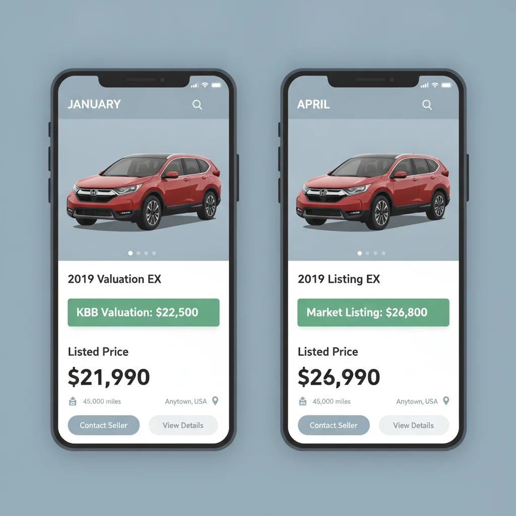 Two smartphone screens side by side showing the same car valued lower in winter and higher in spring on a valuation app