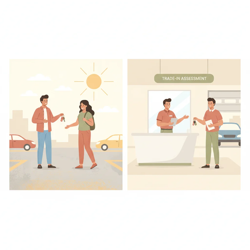 Comparison illustration of a private car sale transaction versus a dealer trade-in transaction