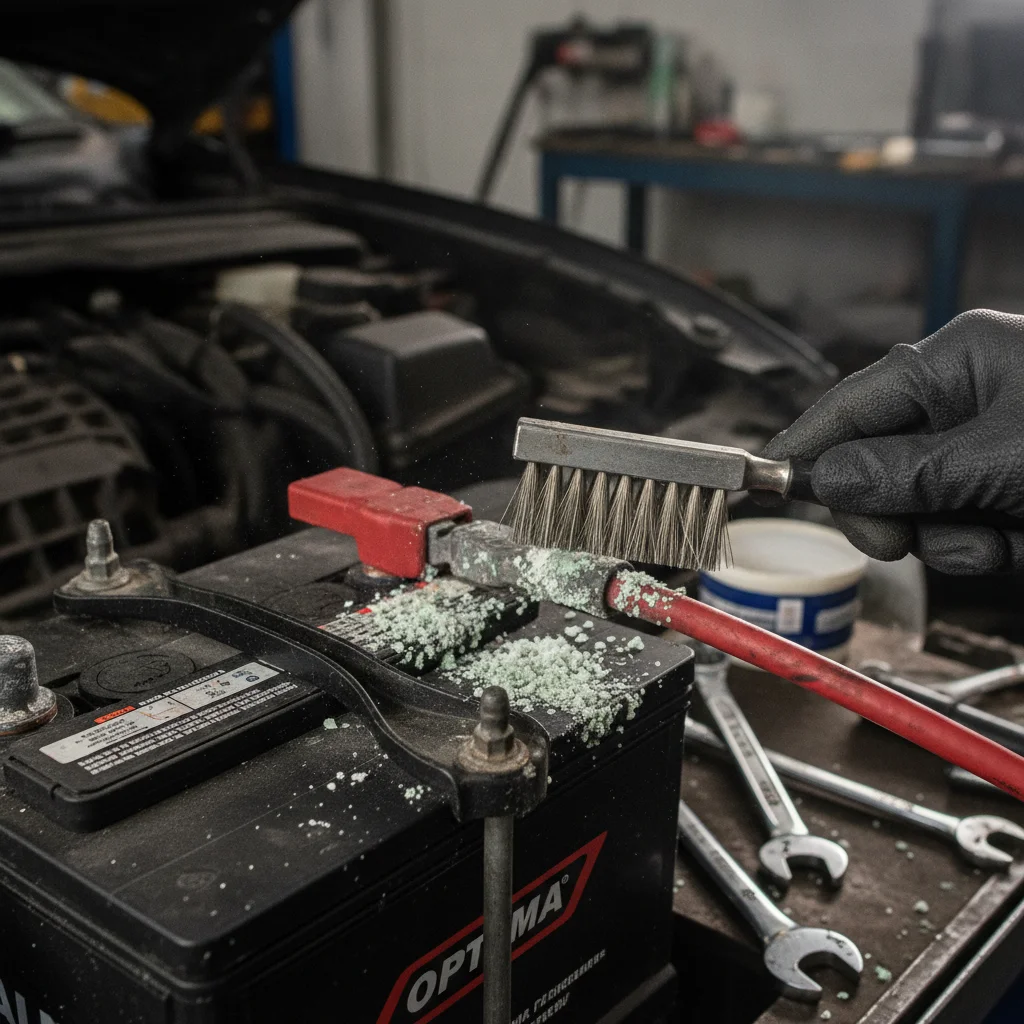 Corroded car battery terminal with a wire cleaning brush placed beside it in a garage