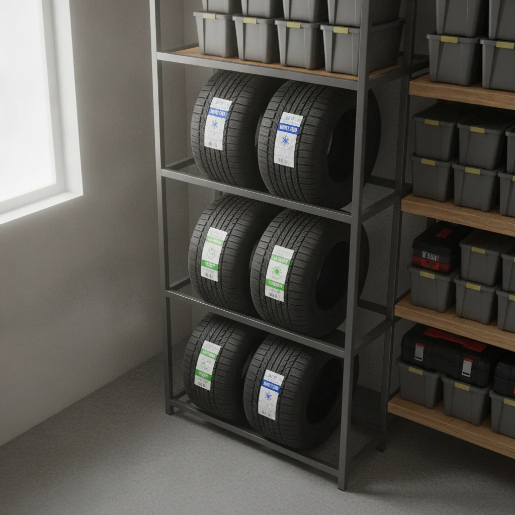Winter and all-season tires stacked on garage shelving, ready for seasonal swap