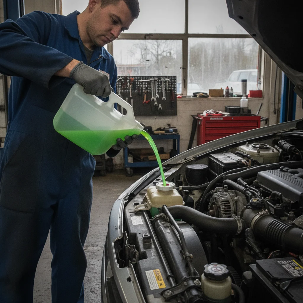 Mechanic adding green antifreeze coolant to a car's radiator reservoir in an auto shop