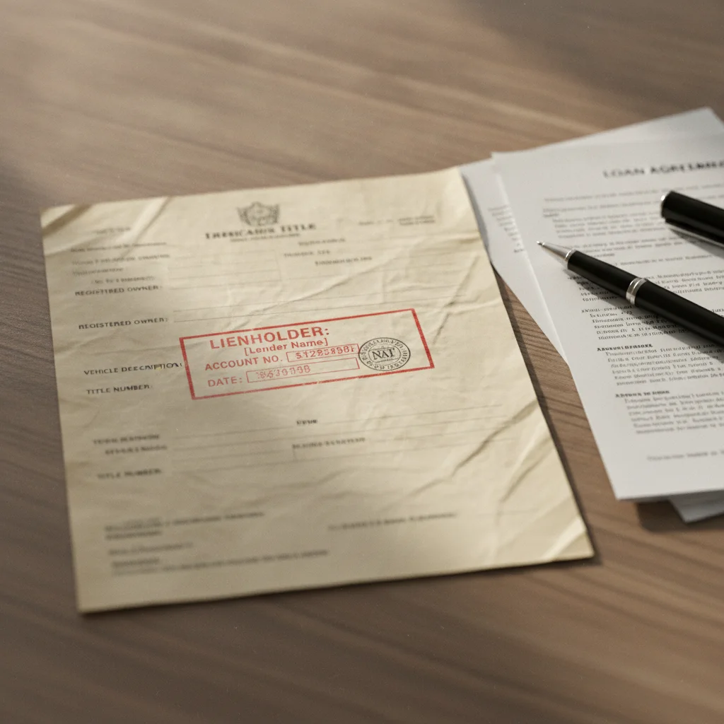Vehicle title document with a lender lien stamp on a desk next to loan paperwork