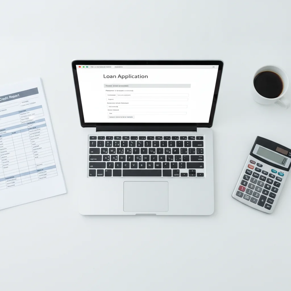 Laptop with loan application form, printed credit report, and calculator on a white desk