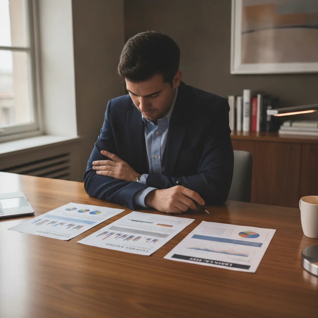 Person reviewing multiple loan offer documents side by side at a professional desk