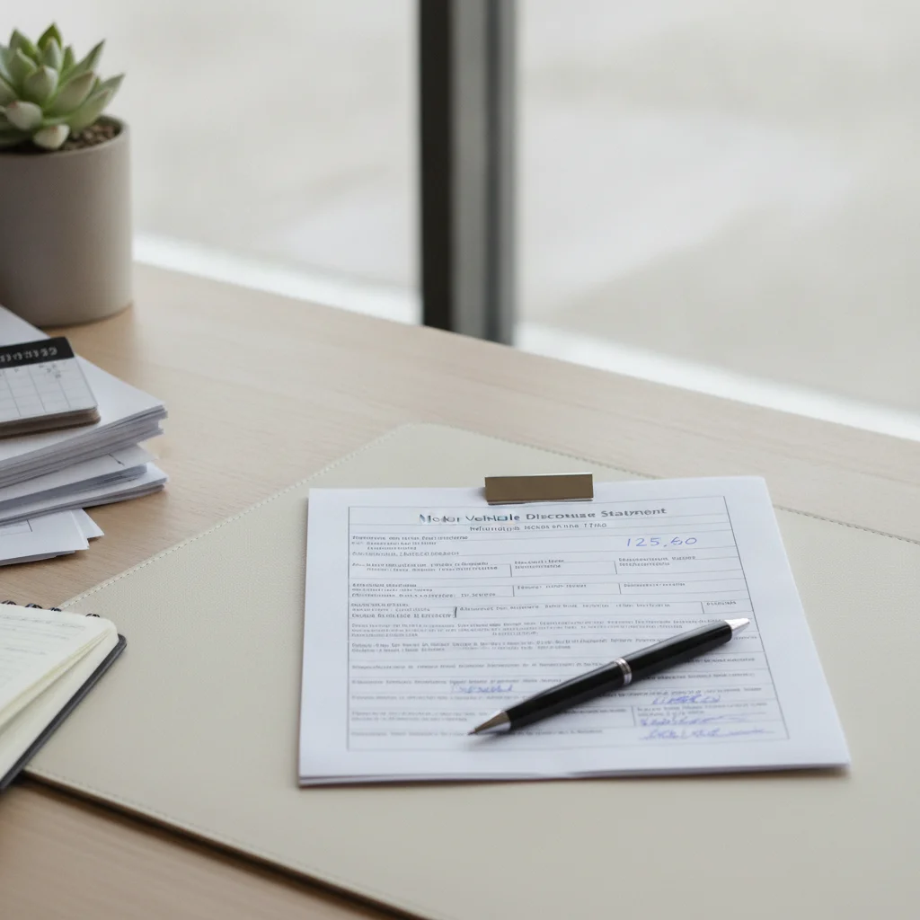 A completed odometer disclosure statement attached to a vehicle title on a desk with a pen.