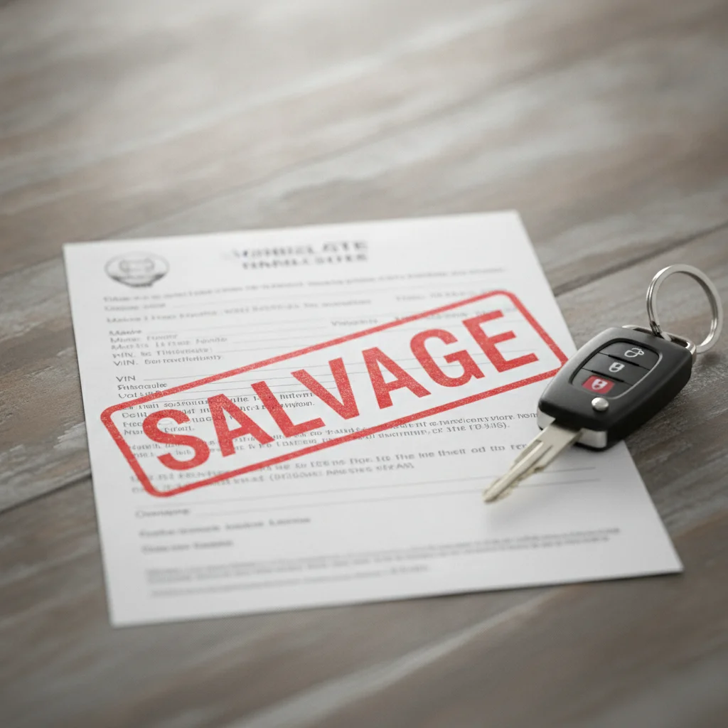 A vehicle title stamped with a red 'Salvage' brand next to car keys on a wooden surface.