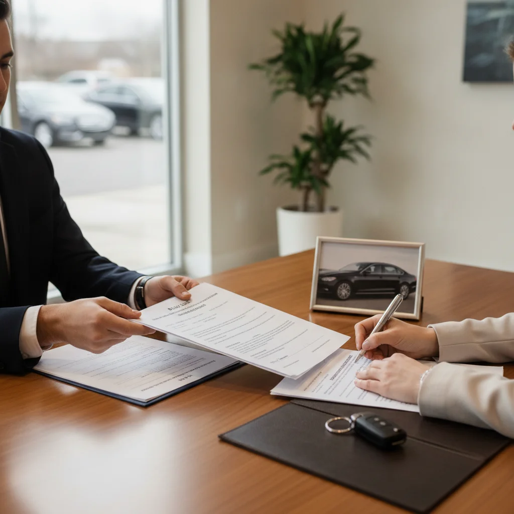 Two people reviewing and signing car sale disclosure documents at a table in a neutral indoor setting.