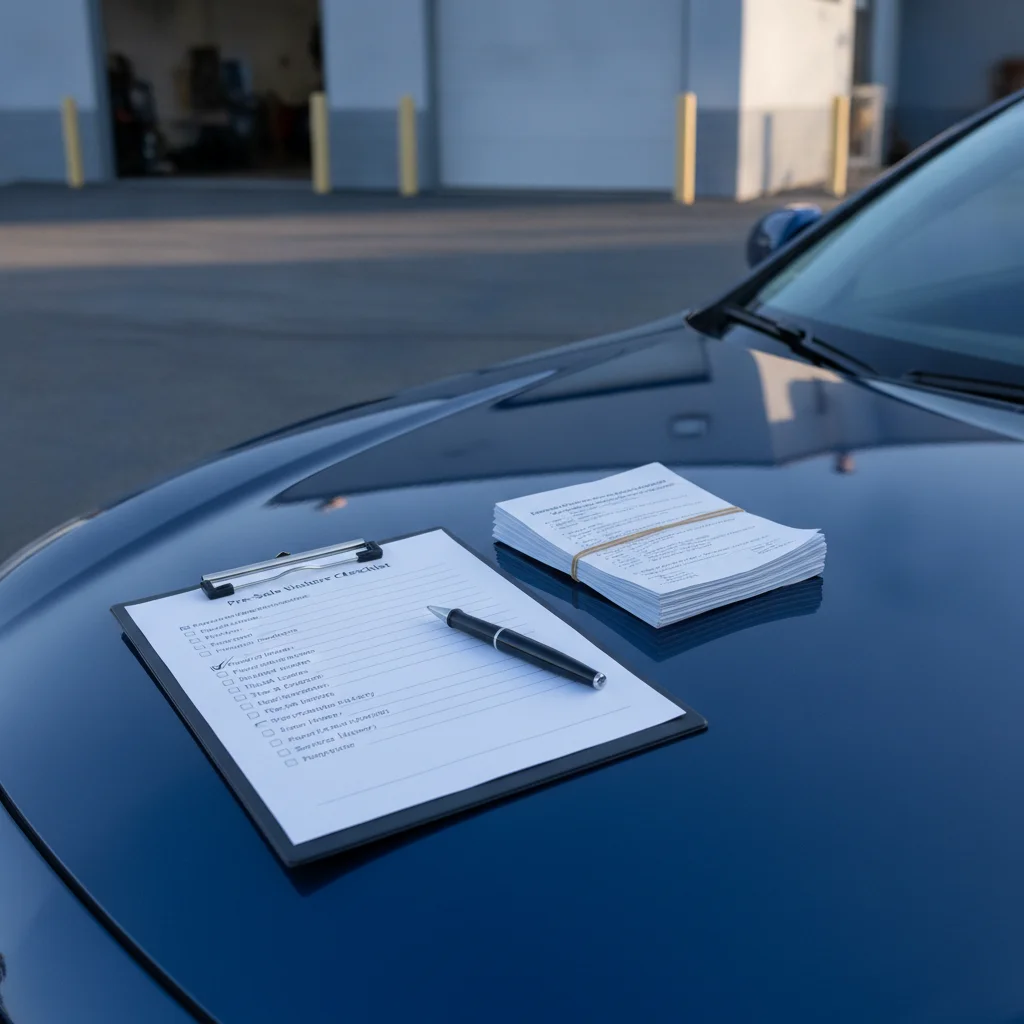 A printed vehicle disclosure checklist on a clipboard resting on a car hood with service records nearby.
