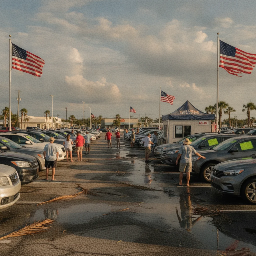 Customers browsing vehicles at a busy used car lot in a hurricane-affected Southern US town