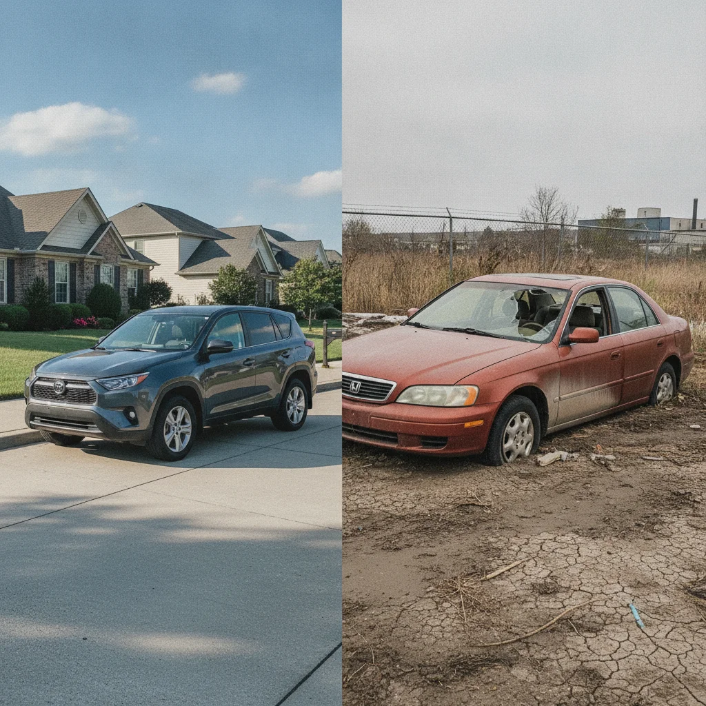 Side-by-side comparison of a clean undamaged SUV versus a flood-damaged sedan with visible waterline marks