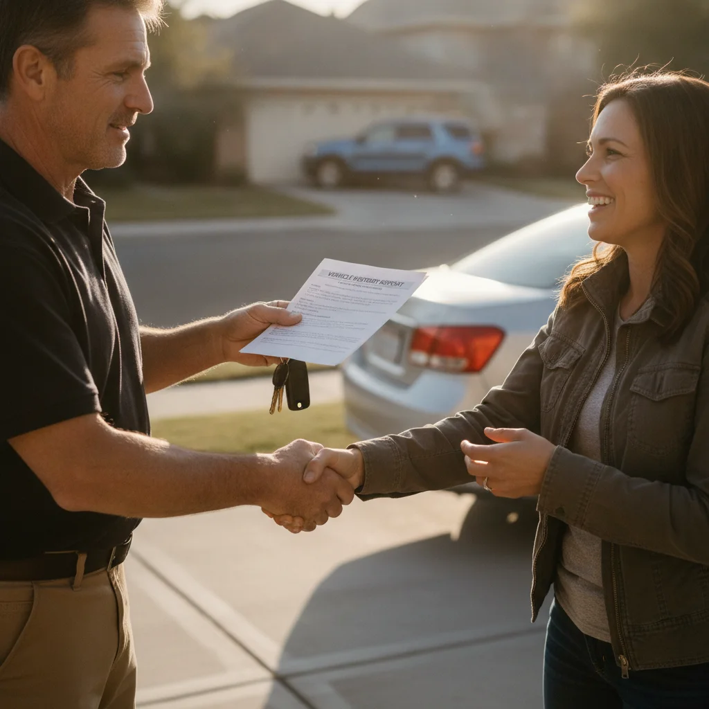 A seller handing over a vehicle history report and car keys to a buyer in a driveway