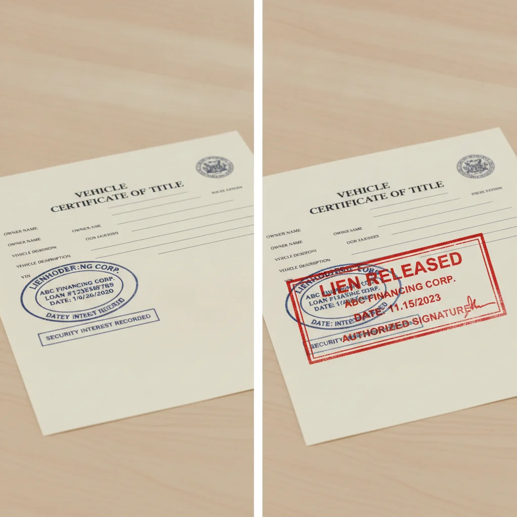 Car title document showing lienholder stamp on left and lien release stamp on right