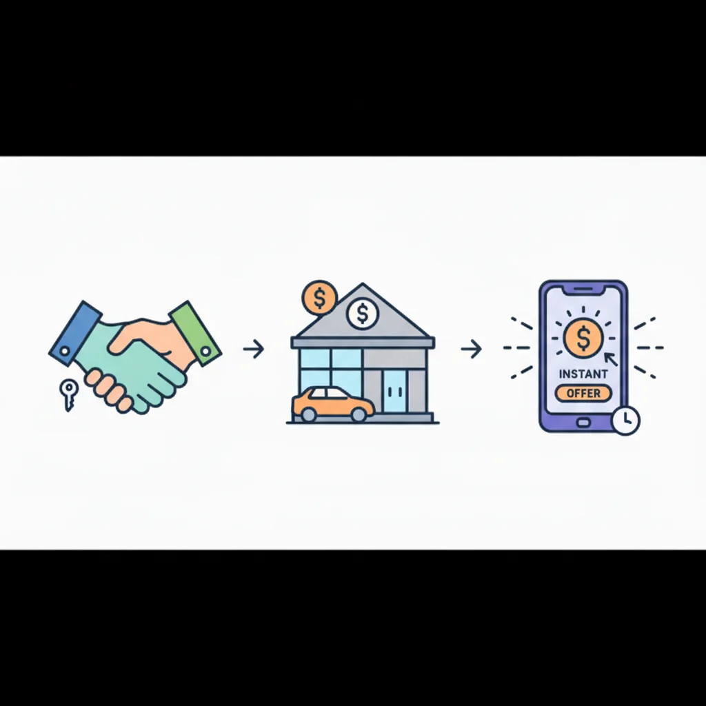 Three icons representing private sale, dealership sale, and instant offer platform sale options