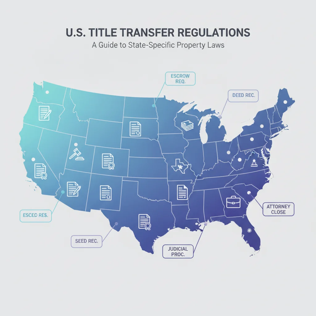 US map showing varying state title transfer and disclosure rules represented by document icons