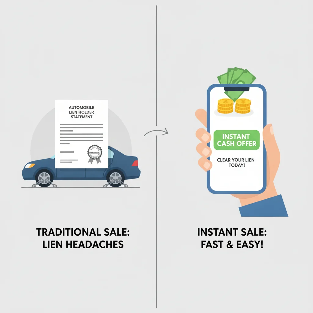 Split view of a car lien document beside a smartphone showing an instant online car offer