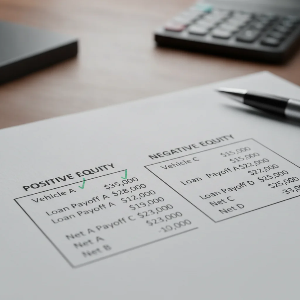 Financial worksheet comparing positive and negative equity scenarios for a financed car sale