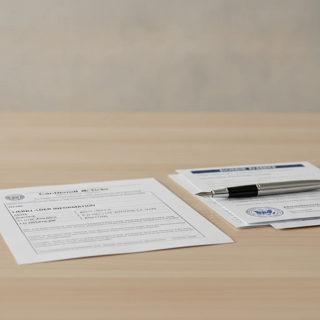 A car title document showing lienholder field alongside official sale paperwork on a desk