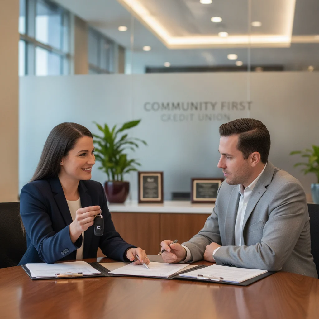 A seller and buyer reviewing documents at a bank branch desk during a simultaneous lien payoff closing