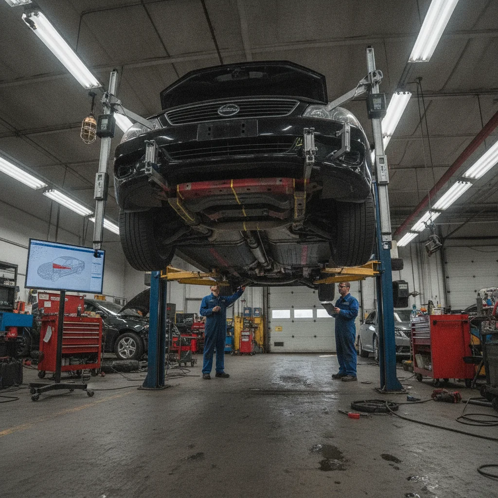 Car on a lift in a collision repair shop showing frame measurement gauges attached to the chassis