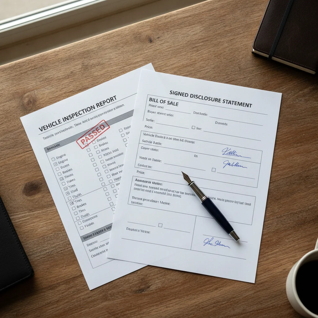 Flat-lay of a bill of sale, vehicle inspection report, and signed disclosure statement on a wooden desk