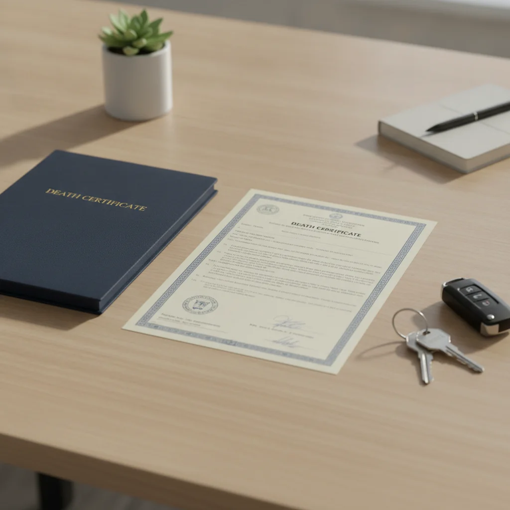 Car title and death certificate folder alongside a set of keys on a desk