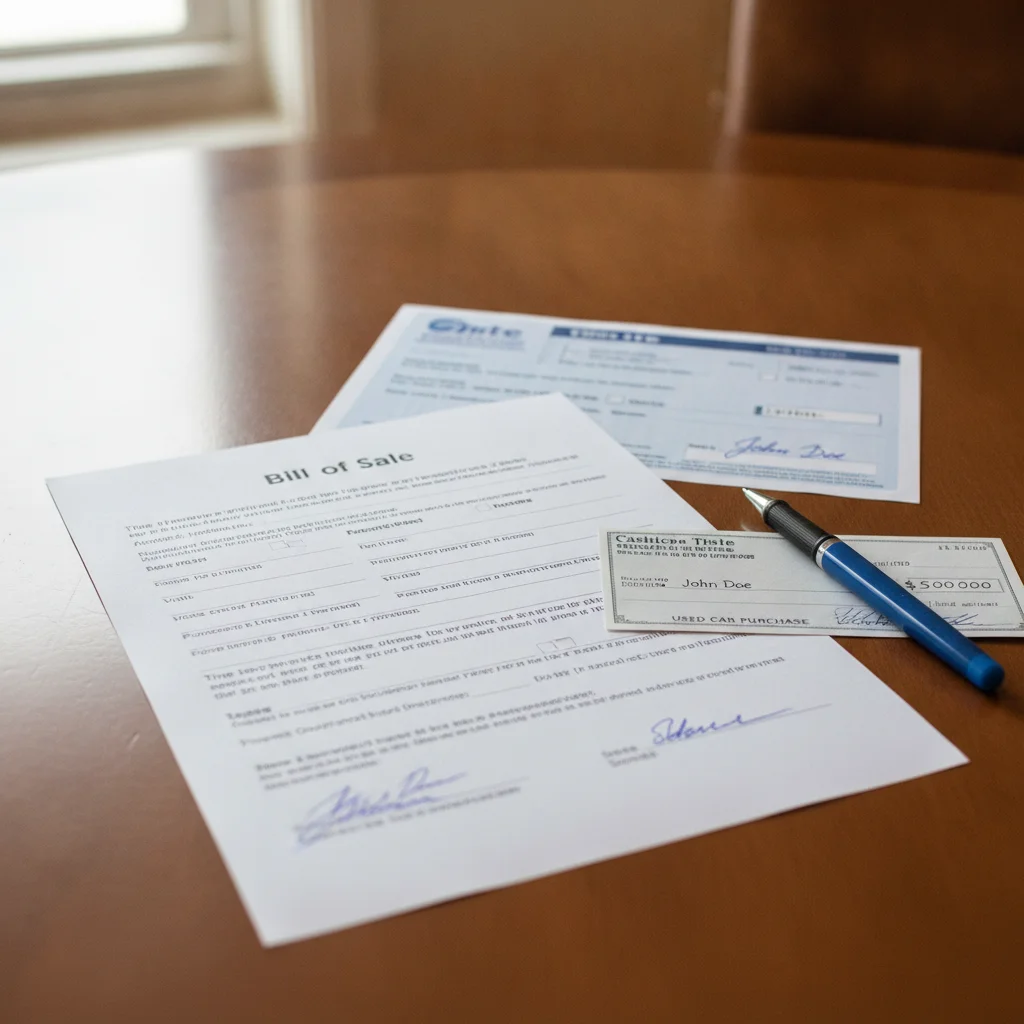 A signed bill of sale and car title on a table with a pen and cashier's check