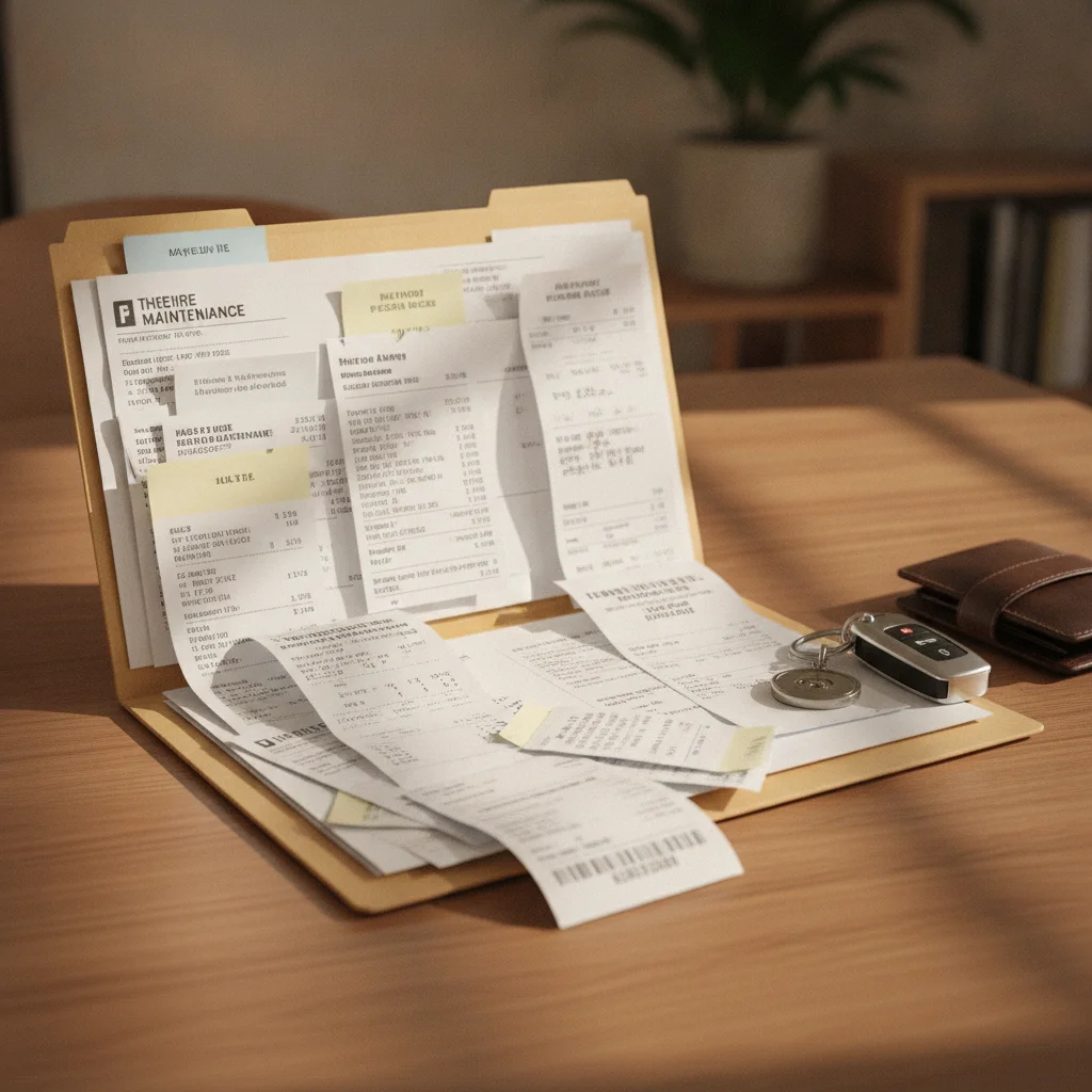 Organized folder of vehicle maintenance receipts and service records next to car keys
