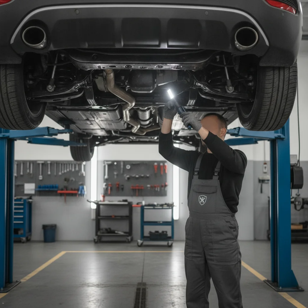 Mechanic inspecting the undercarriage of a high-mileage vehicle in an auto shop
