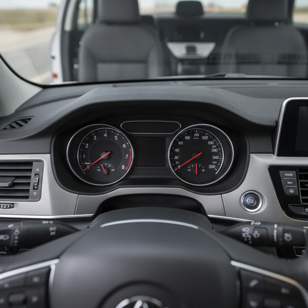 Clean car dashboard with no warning lights showing, representing a well-maintained vehicle