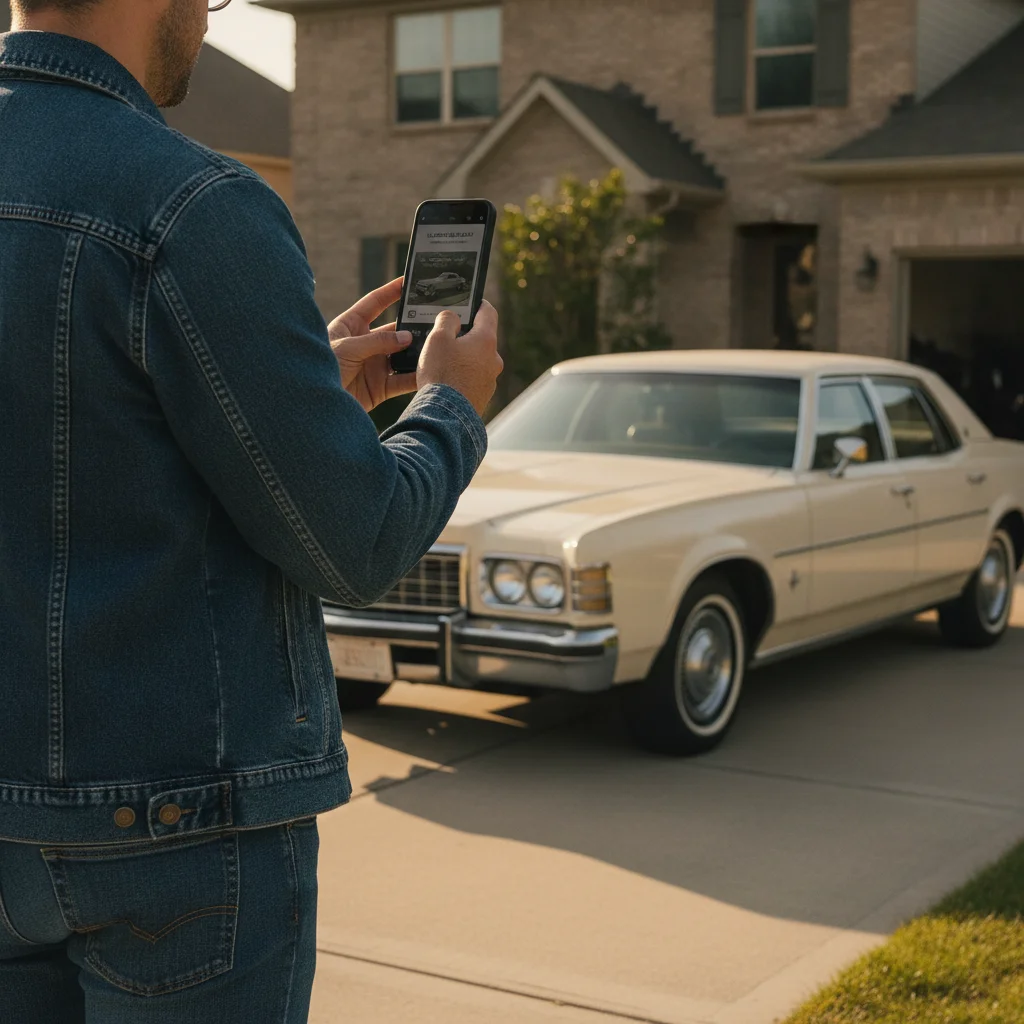 Person photographing a clean older sedan for a private car sale listing in a driveway