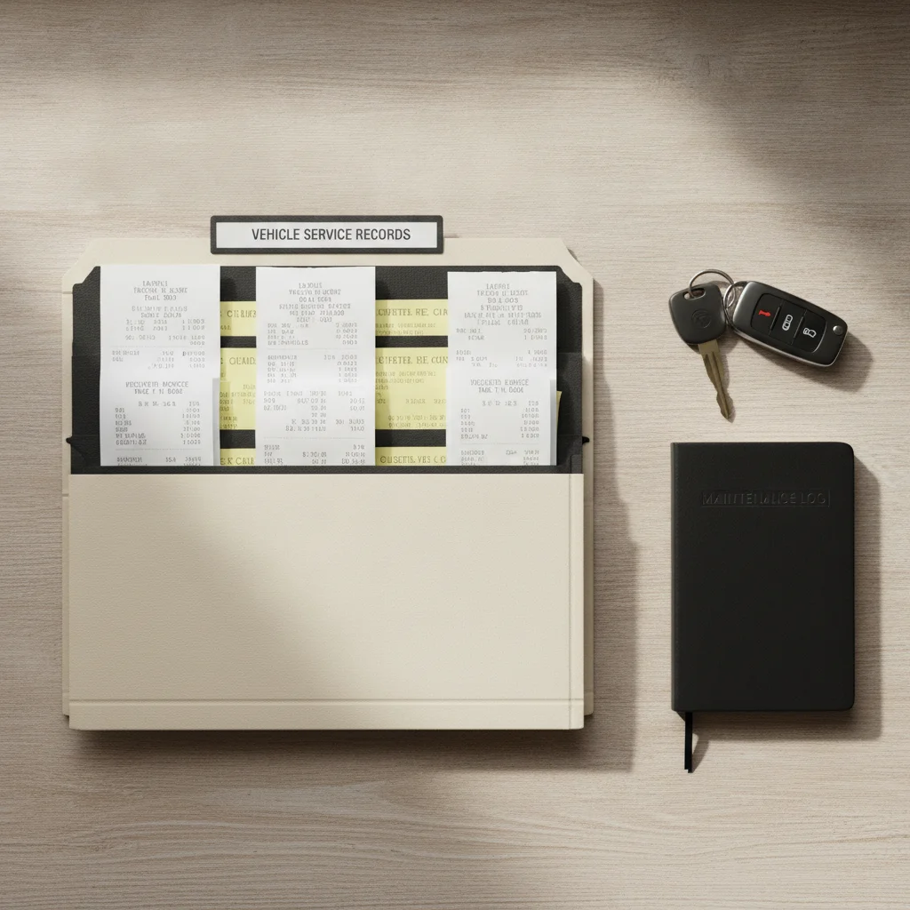 Organized vehicle service records and maintenance receipts laid out beside car keys on a table