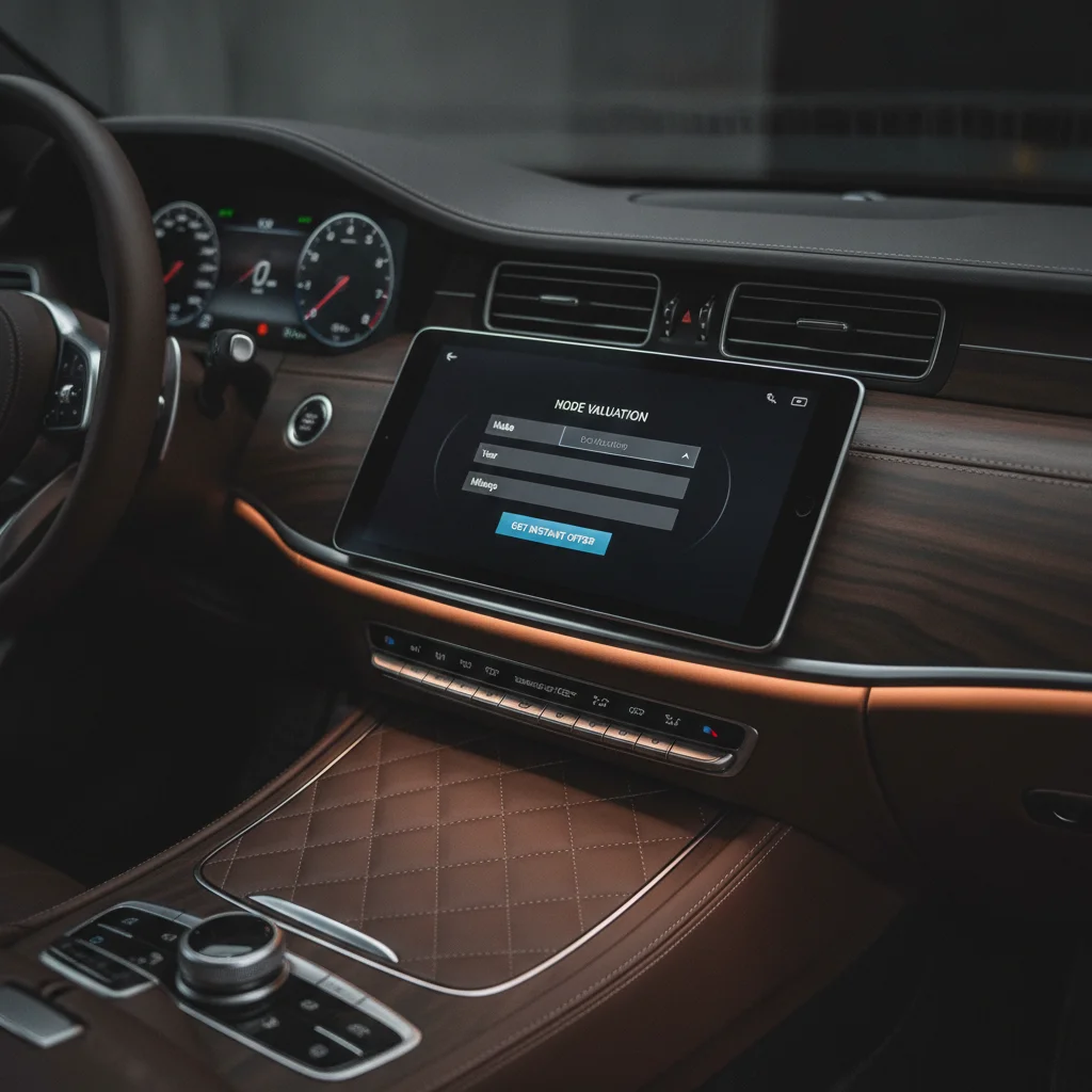 Tablet displaying a car valuation form resting on the dashboard of a luxury vehicle interior.