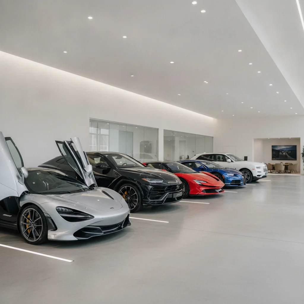 Multiple luxury and exotic vehicles lined up inside a modern showroom under bright, even lighting.