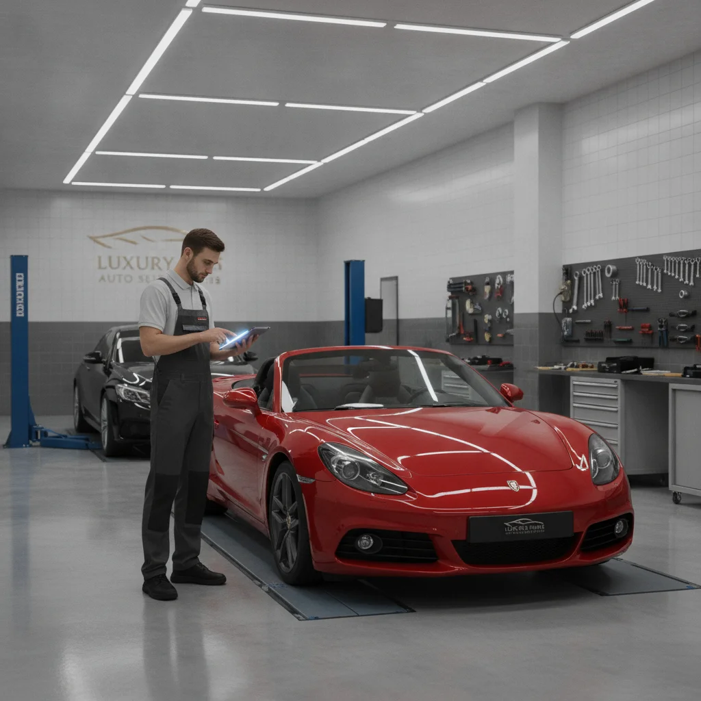 A mechanic conducting a pre-sale inspection on a luxury sports car using a diagnostic device in a clean garage.