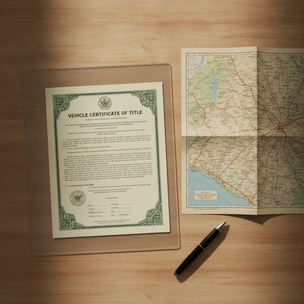 A vehicle title document and a state road map laid flat on a wooden desk with a pen